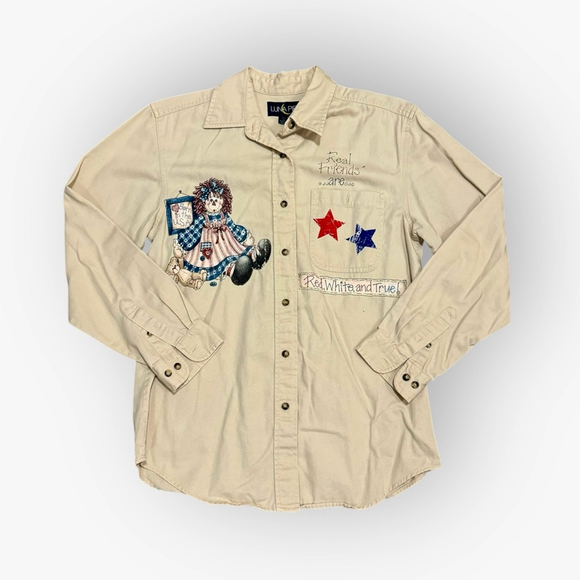 Vtg Luna Pier Women’s Patriotic Raggedy Ann Embroidered Button Down Shirt Sz M - Picture 2 of 8